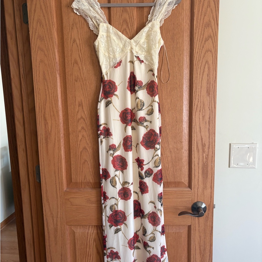 12th Tribe Cream and Red Floral Maxi Dress